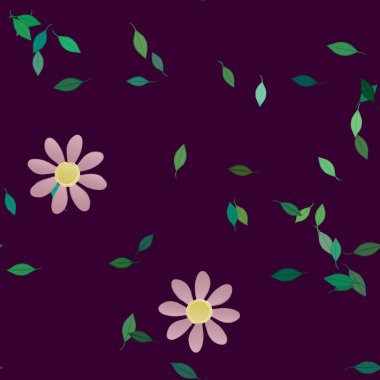 Serbest kompozisyonda yeşil yapraklı basit çiçekler, vektör illüstrasyonu