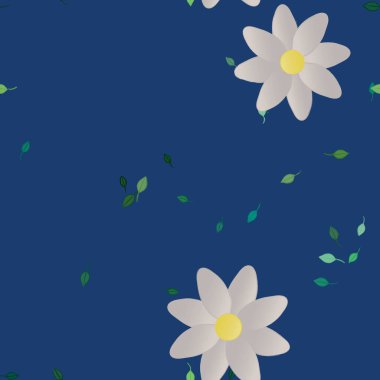 basit renkli çiçekleri olan serbest kompozisyon ve duvar kağıdı için yeşil yapraklar, vektör illüstrasyonu