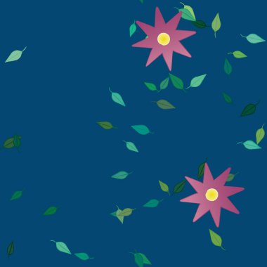 basit renkli çiçekleri olan serbest kompozisyon ve duvar kağıdı için yeşil yapraklar, vektör illüstrasyonu