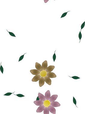 Serbest kompozisyonda yeşil yapraklı basit çiçekler, vektör illüstrasyonu