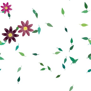 basit renkli çiçekleri olan serbest kompozisyon ve duvar kağıdı için yeşil yapraklar, vektör illüstrasyonu