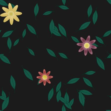 basit renkli çiçekleri olan serbest kompozisyon ve duvar kağıdı için yeşil yapraklar, vektör illüstrasyonu