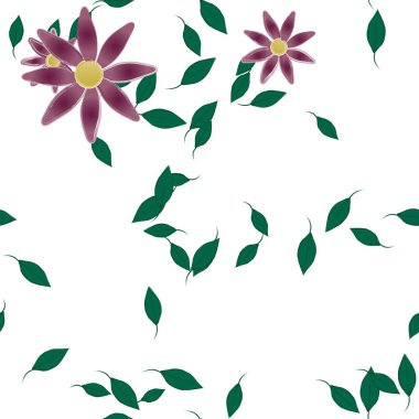 Serbest kompozisyonda yeşil yapraklı basit çiçekler, vektör illüstrasyonu