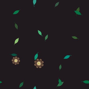 Serbest kompozisyonda yeşil yapraklı basit çiçekler, vektör illüstrasyonu