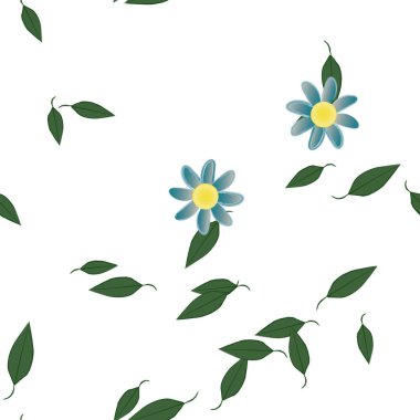 Serbest kompozisyonda yeşil yapraklı basit çiçekler, vektör illüstrasyonu