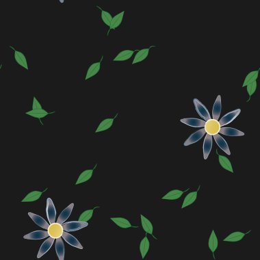 Serbest kompozisyonda yeşil yapraklı basit çiçekler, vektör illüstrasyonu