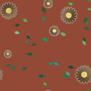 Serbest kompozisyonda yeşil yapraklı basit çiçekler, vektör illüstrasyonu