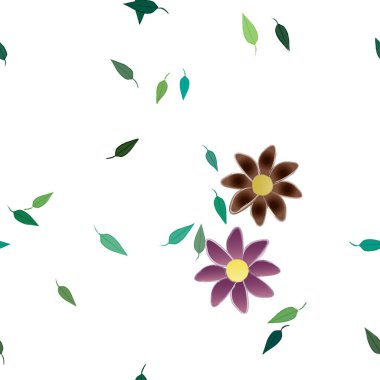 Serbest kompozisyonda yeşil yapraklı basit çiçekler, vektör illüstrasyonu