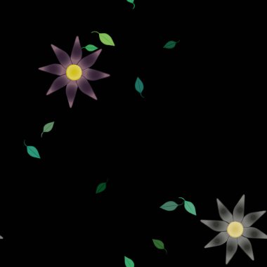 Serbest kompozisyonda yeşil yapraklı basit çiçekler, vektör illüstrasyonu