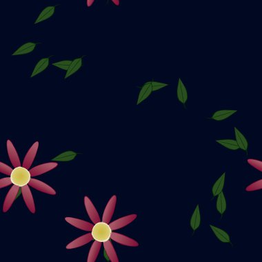 basit renkli çiçekleri olan serbest kompozisyon ve duvar kağıdı için yeşil yapraklar, vektör illüstrasyonu