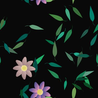 Serbest kompozisyonda yeşil yapraklı basit çiçekler, vektör illüstrasyonu