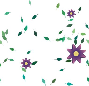 Serbest kompozisyonda yeşil yapraklı basit çiçekler, vektör illüstrasyonu