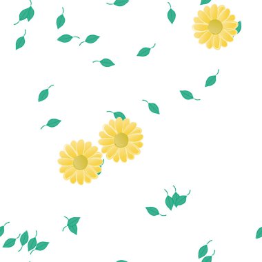 basit renkli çiçekleri olan serbest kompozisyon ve duvar kağıdı için yeşil yapraklar, vektör illüstrasyonu