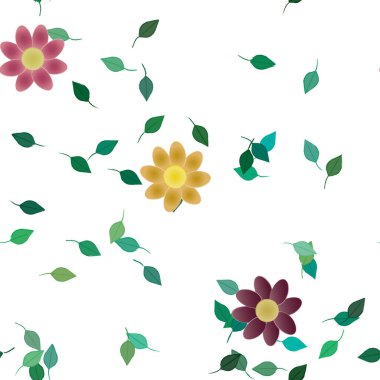 Serbest kompozisyonda yeşil yapraklı basit çiçekler, vektör illüstrasyonu