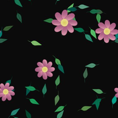 basit renkli çiçekleri olan serbest kompozisyon ve duvar kağıdı için yeşil yapraklar, vektör illüstrasyonu