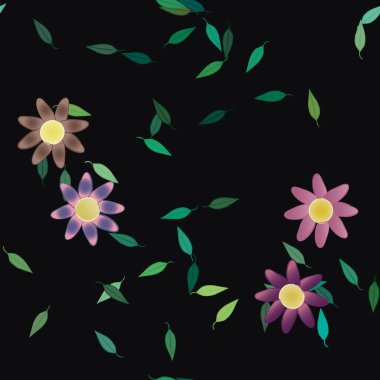 basit renkli çiçekleri olan serbest kompozisyon ve duvar kağıdı için yeşil yapraklar, vektör illüstrasyonu