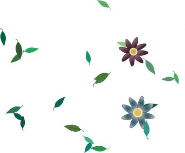 Serbest kompozisyonda yeşil yapraklı basit çiçekler, vektör illüstrasyonu