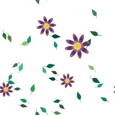 basit renkli çiçekleri olan serbest kompozisyon ve duvar kağıdı için yeşil yapraklar, vektör illüstrasyonu