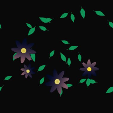 basit renkli çiçekleri olan serbest kompozisyon ve duvar kağıdı için yeşil yapraklar, vektör illüstrasyonu