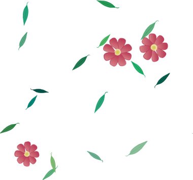 basit renkli çiçekleri olan serbest kompozisyon ve duvar kağıdı için yeşil yapraklar, vektör illüstrasyonu