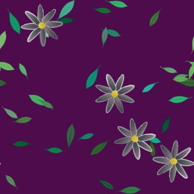 basit renkli çiçekleri olan serbest kompozisyon ve duvar kağıdı için yeşil yapraklar, vektör illüstrasyonu