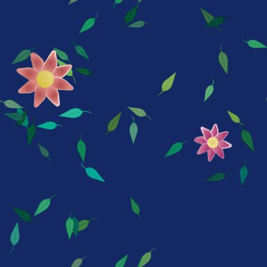 Serbest kompozisyonda yeşil yapraklı basit çiçekler, vektör illüstrasyonu