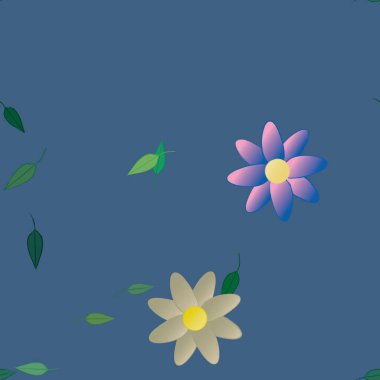 Serbest kompozisyonda yeşil yapraklı basit çiçekler, vektör illüstrasyonu