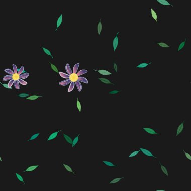 basit renkli çiçekleri olan serbest kompozisyon ve duvar kağıdı için yeşil yapraklar, vektör illüstrasyonu