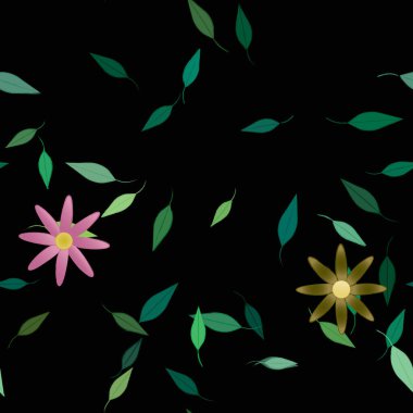 basit renkli çiçekleri olan serbest kompozisyon ve duvar kağıdı için yeşil yapraklar, vektör illüstrasyonu