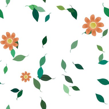 Serbest kompozisyonda yeşil yapraklı basit çiçekler, vektör illüstrasyonu