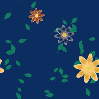 Serbest kompozisyonda yeşil yapraklı basit çiçekler, vektör illüstrasyonu