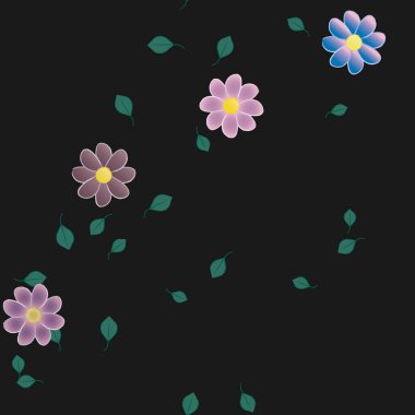 Serbest kompozisyonda yeşil yapraklı basit çiçekler, vektör illüstrasyonu