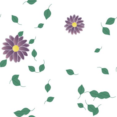 basit renkli çiçekleri olan serbest kompozisyon ve duvar kağıdı için yeşil yapraklar, vektör illüstrasyonu