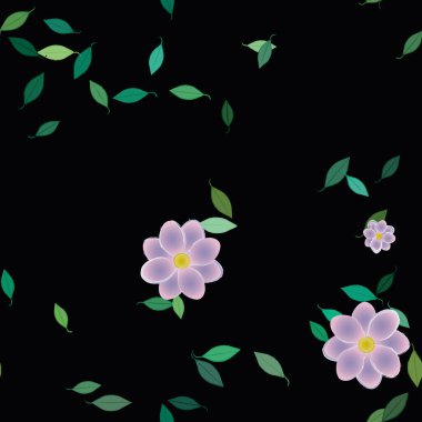 Serbest kompozisyonda yeşil yapraklı basit çiçekler, vektör illüstrasyonu