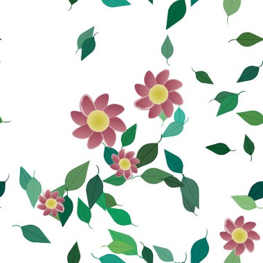 basit renkli çiçekleri olan serbest kompozisyon ve duvar kağıdı için yeşil yapraklar, vektör illüstrasyonu