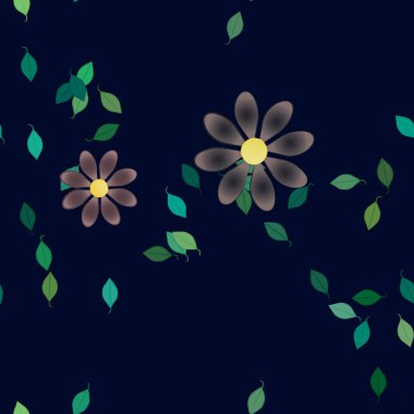 basit renkli çiçekleri olan serbest kompozisyon ve duvar kağıdı için yeşil yapraklar, vektör illüstrasyonu