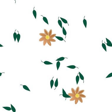 Serbest kompozisyonda yeşil yapraklı basit çiçekler, vektör illüstrasyonu