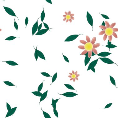 Basit çiçek ve yeşil yapraklı tasarım kompozisyonu, vektör illüstrasyonu