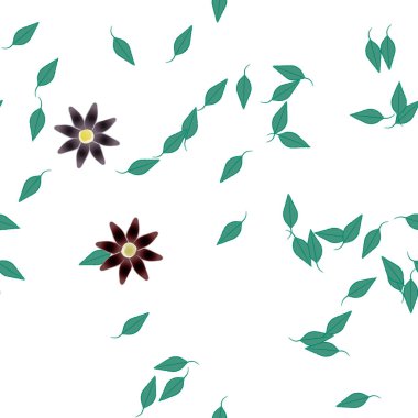 Serbest kompozisyonda yeşil yapraklı basit çiçekler, vektör illüstrasyonu