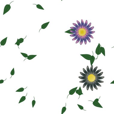 Serbest kompozisyonda yeşil yapraklı basit çiçekler, vektör illüstrasyonu