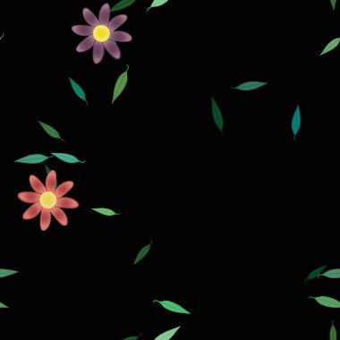 Serbest kompozisyonda yeşil yapraklı basit çiçekler, vektör illüstrasyonu