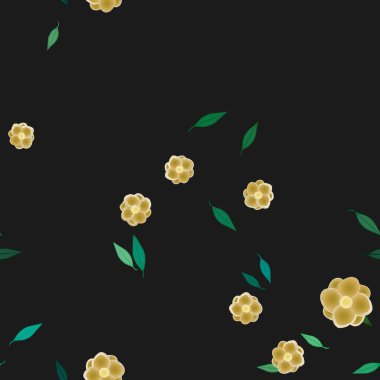 Serbest kompozisyonda yeşil yapraklı basit çiçekler, vektör illüstrasyonu