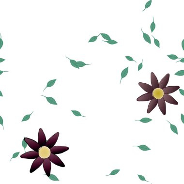 Serbest kompozisyonda yeşil yapraklı basit çiçekler, vektör illüstrasyonu