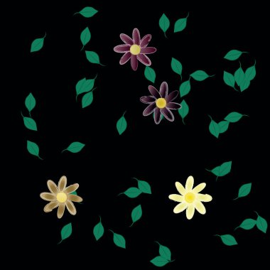 basit renkli çiçekleri olan serbest kompozisyon ve duvar kağıdı için yeşil yapraklar, vektör illüstrasyonu