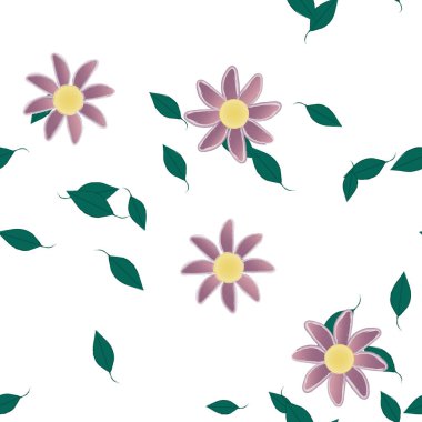 Serbest kompozisyonda yeşil yapraklı basit çiçekler, vektör illüstrasyonu