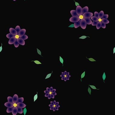 Serbest kompozisyonda yeşil yapraklı basit çiçekler, vektör illüstrasyonu