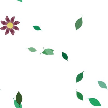 basit renkli çiçekleri olan serbest kompozisyon ve duvar kağıdı için yeşil yapraklar, vektör illüstrasyonu