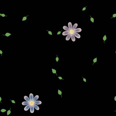 basit renkli çiçekleri olan serbest kompozisyon ve duvar kağıdı için yeşil yapraklar, vektör illüstrasyonu