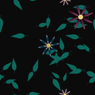 basit renkli çiçekleri olan serbest kompozisyon ve duvar kağıdı için yeşil yapraklar, vektör illüstrasyonu