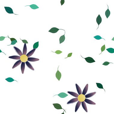 basit renkli çiçekleri olan serbest kompozisyon ve duvar kağıdı için yeşil yapraklar, vektör illüstrasyonu